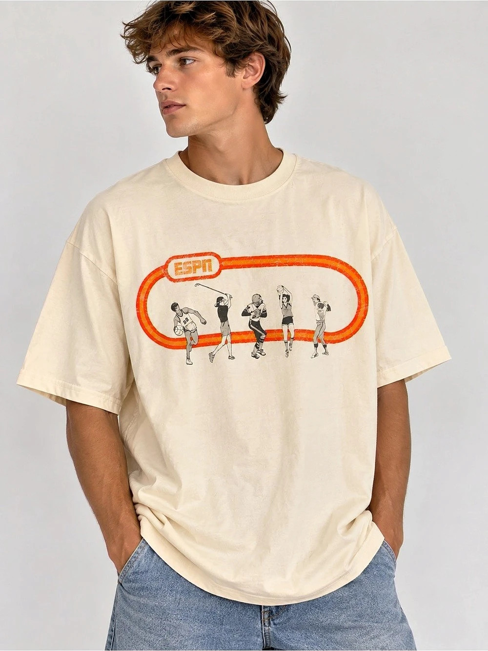 NWOT ESPN Sports Forever Graphic Tee Mens XXL Cream Orange Double Sided T-Shirt